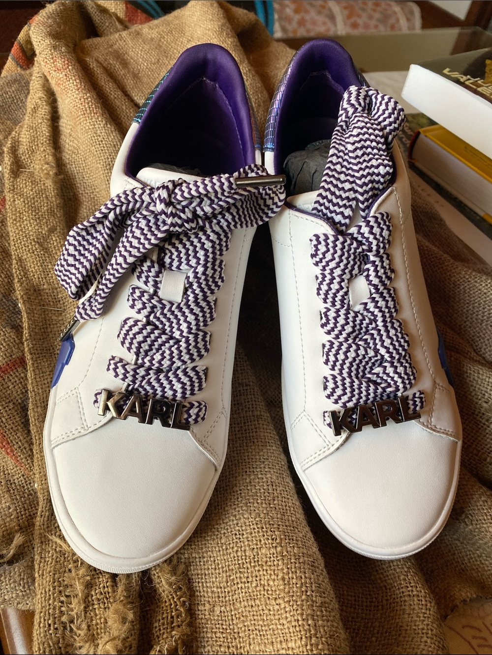 Karl Lagerfeld White Sneakers with Purple Trim and Patterned Laces